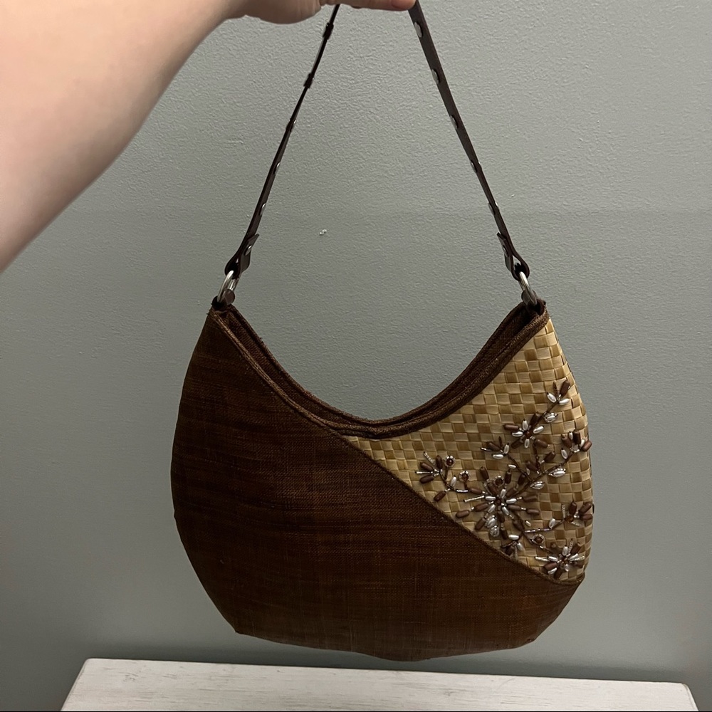 Kate Landry Natural Straw Woven and Beaded Top Handle Shoulder Bag - Picture 9 of 16